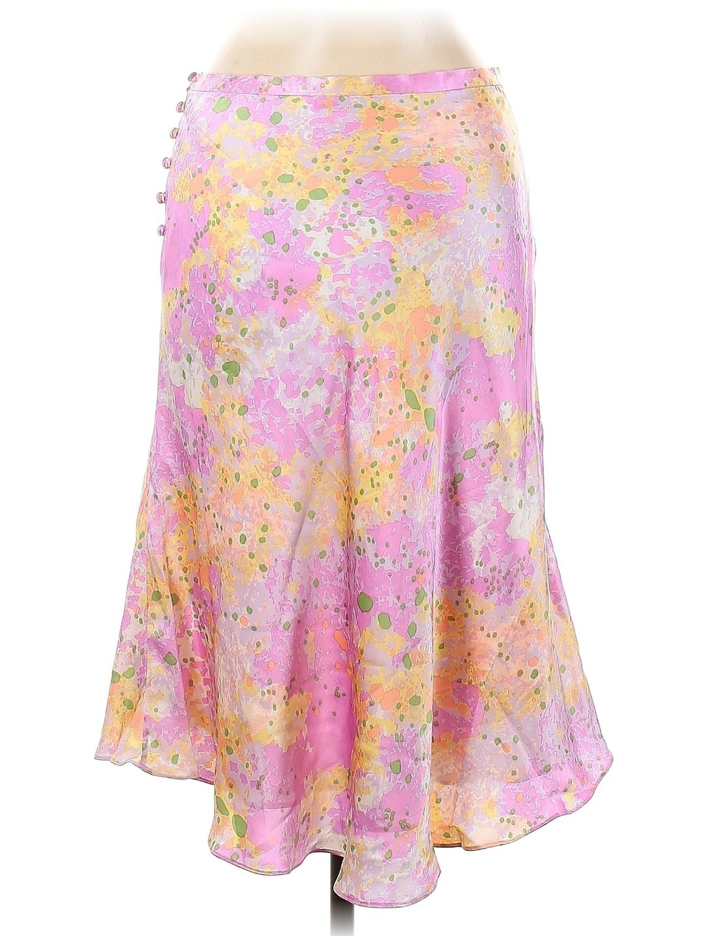 Peter Som Silk Pink and Yellow Watercolor A-Line Midi Skirt